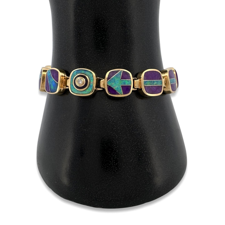 Opal & Sugilite Inlay with Round Brilliant Natural Diamond Link Bracelet in 18k Yellow Gold