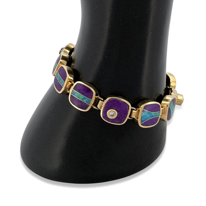 Opal & Sugilite Inlay with Round Brilliant Natural Diamond Link Bracelet in 18k Yellow Gold