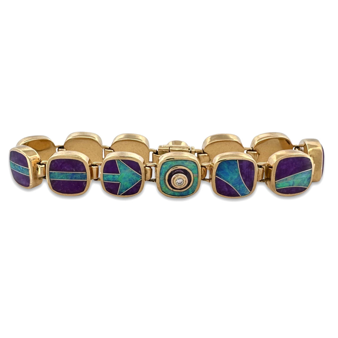 Opal & Sugilite Inlay with Round Brilliant Natural Diamond Link Bracelet in 18k Yellow Gold