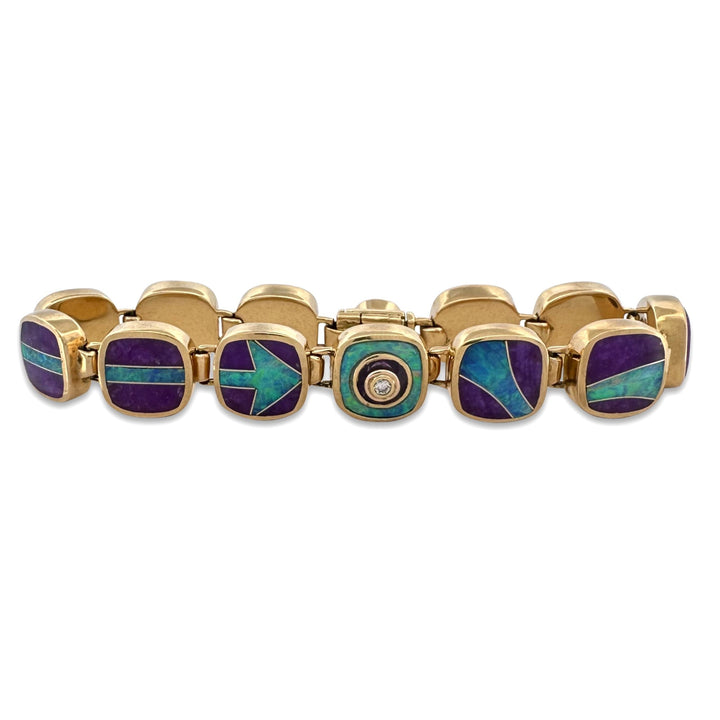 Opal & Sugilite Inlay with Round Brilliant Natural Diamond Link Bracelet in 18k Yellow Gold
