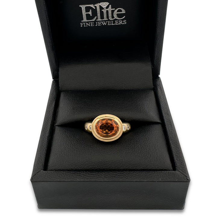 Oval Citrine and Natural Round Brilliant Diamond Bezel-Set East-West Cocktail Ring in 18k Yellow Gold