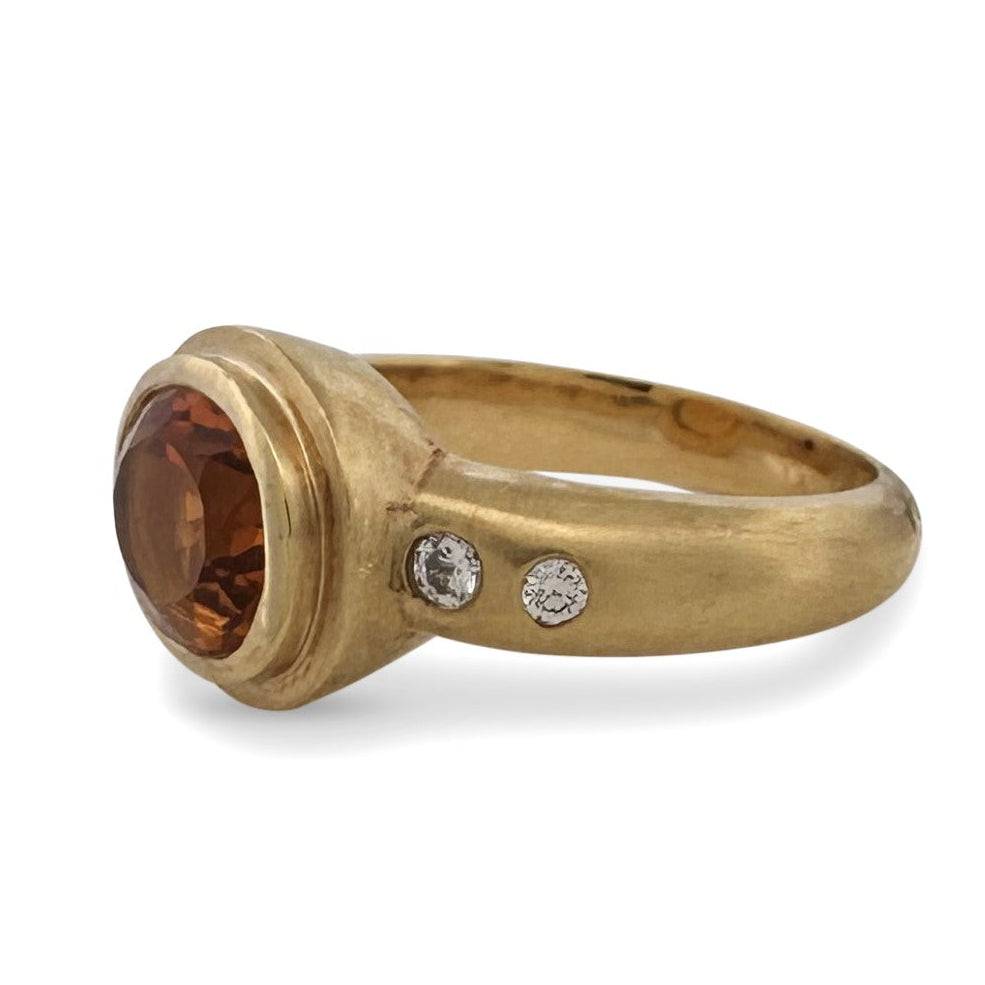 Oval Citrine and Natural Round Brilliant Diamond Bezel-Set East-West Cocktail Ring in 18k Yellow Gold