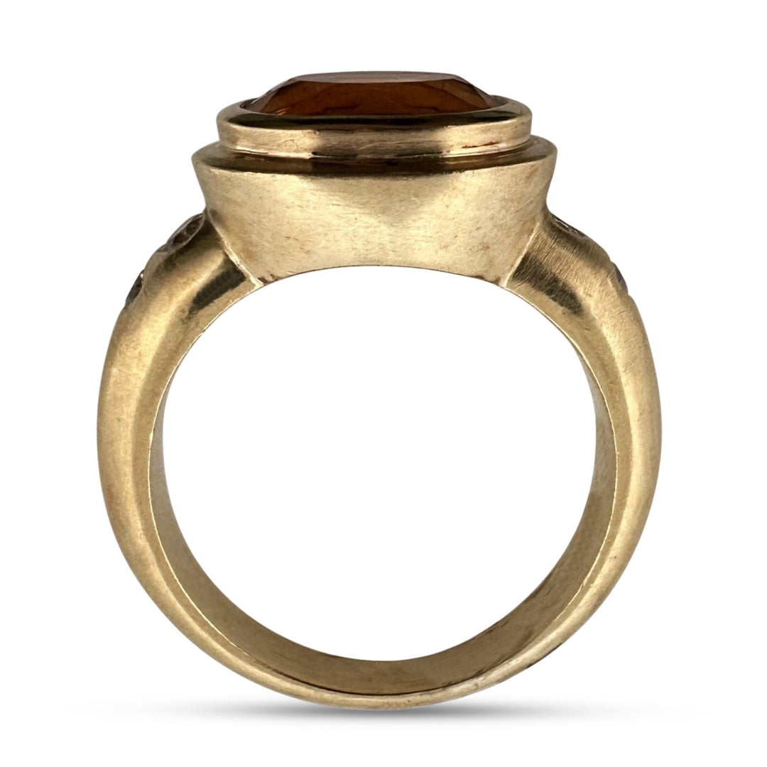 Oval Citrine and Natural Round Brilliant Diamond Bezel-Set East-West Cocktail Ring in 18k Yellow Gold