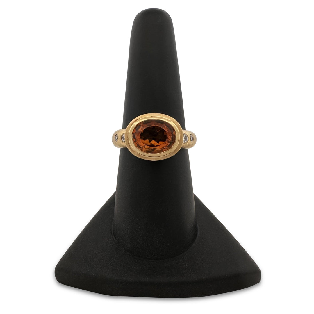 Oval Citrine and Natural Round Brilliant Diamond Bezel-Set East-West Cocktail Ring in 18k Yellow Gold