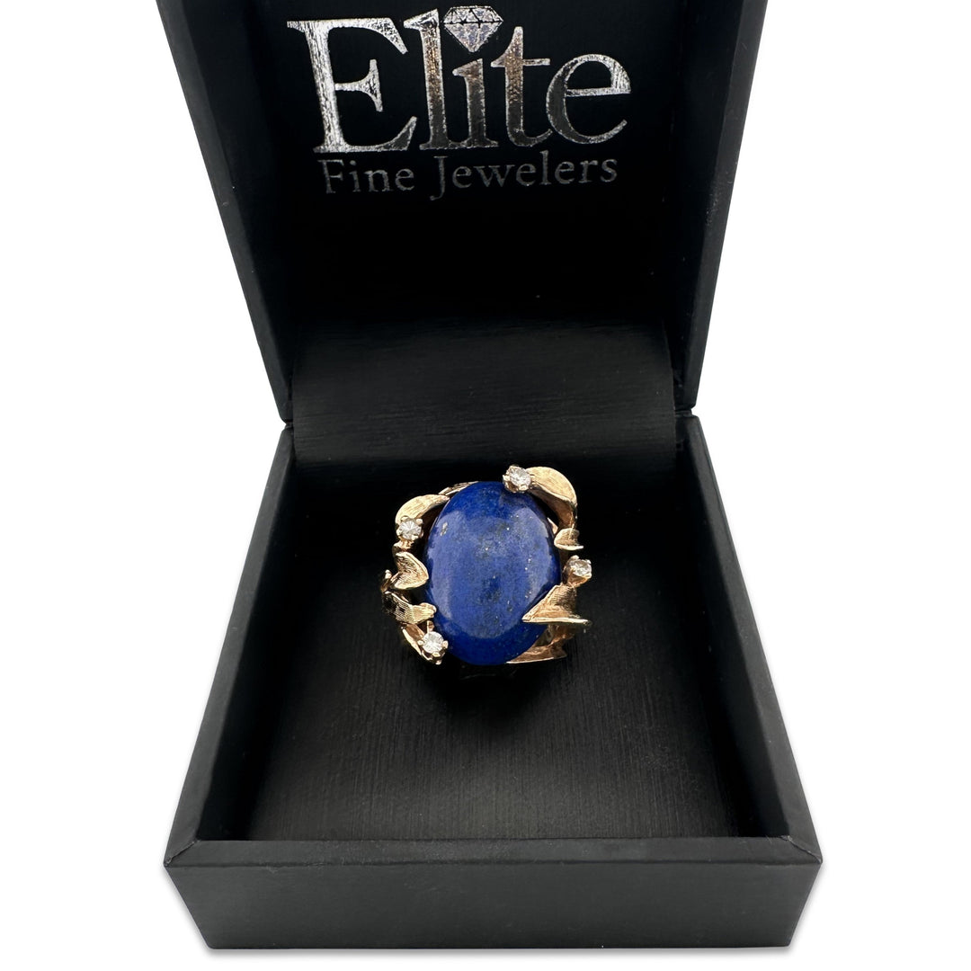 Vintage Oval Cabochon Lapis Lazuli & Round Brilliant Natural Diamond Cocktail Ring in 14k Yellow Gold