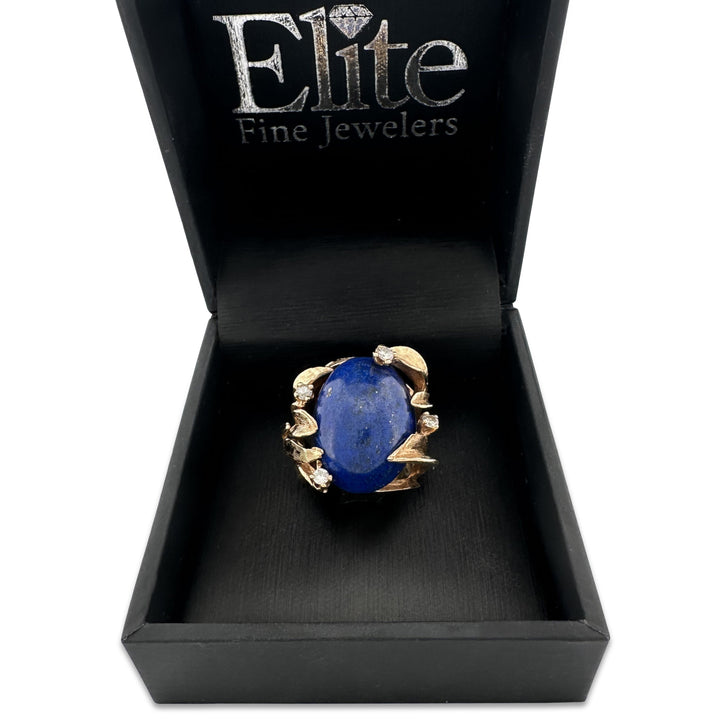 Vintage Oval Cabochon Lapis Lazuli & Round Brilliant Natural Diamond Cocktail Ring in 14k Yellow Gold