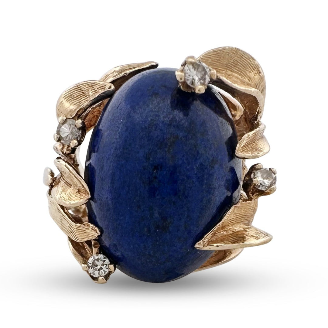 Vintage Oval Cabochon Lapis Lazuli & Round Brilliant Natural Diamond Cocktail Ring in 14k Yellow Gold
