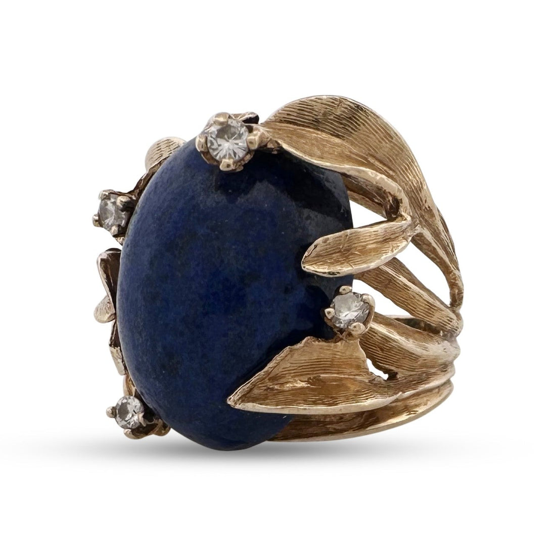 Vintage Oval Cabochon Lapis Lazuli & Round Brilliant Natural Diamond Cocktail Ring in 14k Yellow Gold