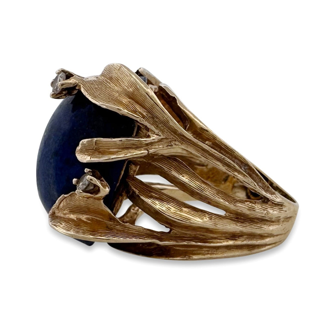 Vintage Oval Cabochon Lapis Lazuli & Round Brilliant Natural Diamond Cocktail Ring in 14k Yellow Gold