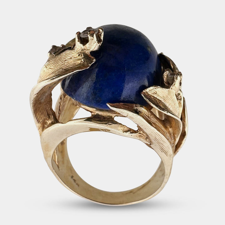 Vintage Oval Cabochon Lapis Lazuli & Round Brilliant Natural Diamond Cocktail Ring in 14k Yellow Gold