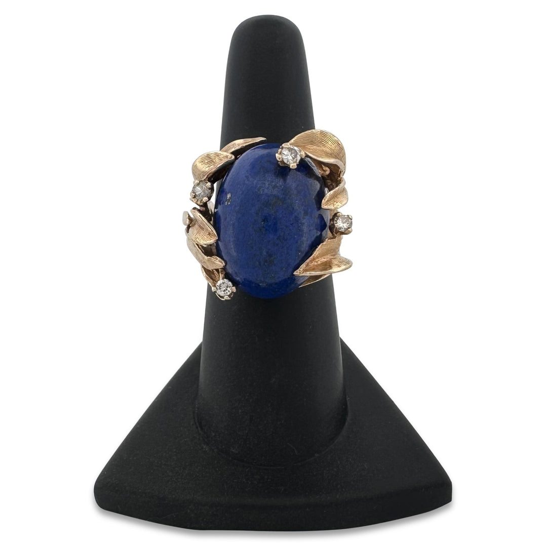 Vintage Oval Cabochon Lapis Lazuli & Round Brilliant Natural Diamond Cocktail Ring in 14k Yellow Gold