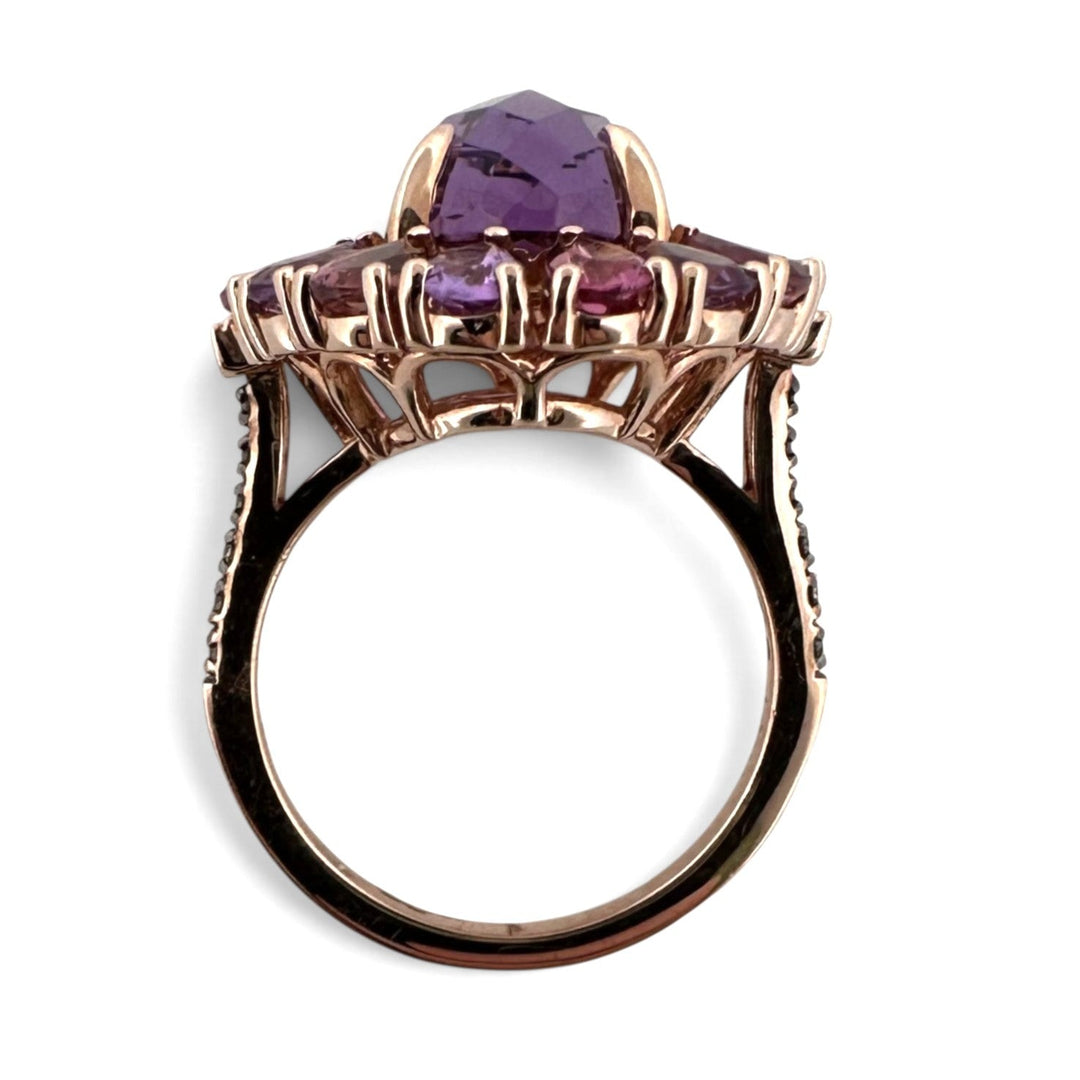 Grape Amethyst & Passion Fruit Tourmaline Halo with Chocolate and Nude Diamonds Cocktail Ring in 14k Rose Gold by Le Vian