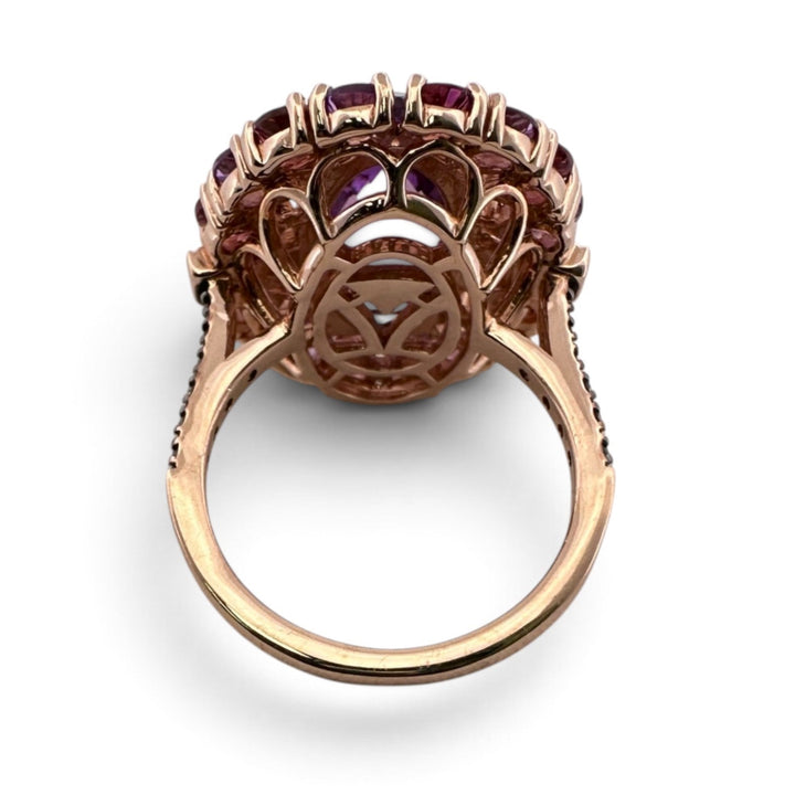 Grape Amethyst & Passion Fruit Tourmaline Halo with Chocolate and Nude Diamonds Cocktail Ring in 14k Rose Gold by Le Vian
