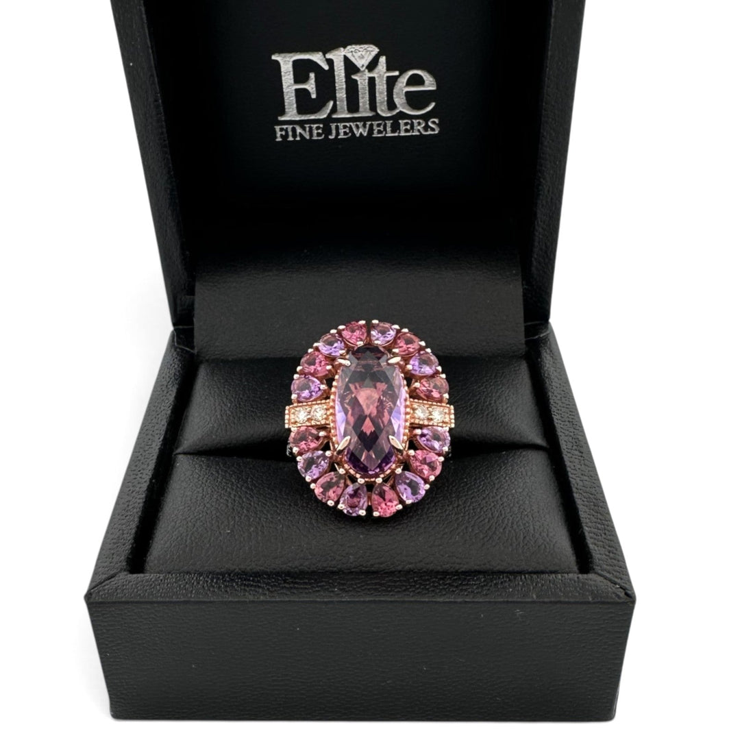 Grape Amethyst & Passion Fruit Tourmaline Halo with Chocolate and Nude Diamonds Cocktail Ring in 14k Rose Gold by Le Vian