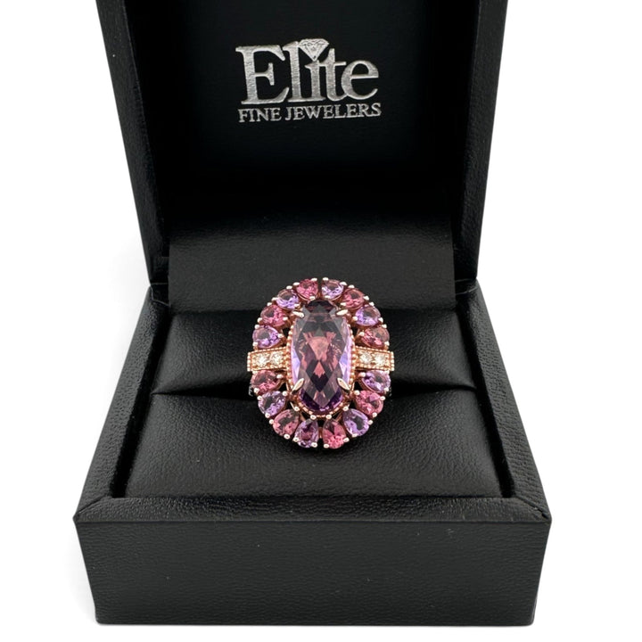 Grape Amethyst & Passion Fruit Tourmaline Halo with Chocolate and Nude Diamonds Cocktail Ring in 14k Rose Gold by Le Vian