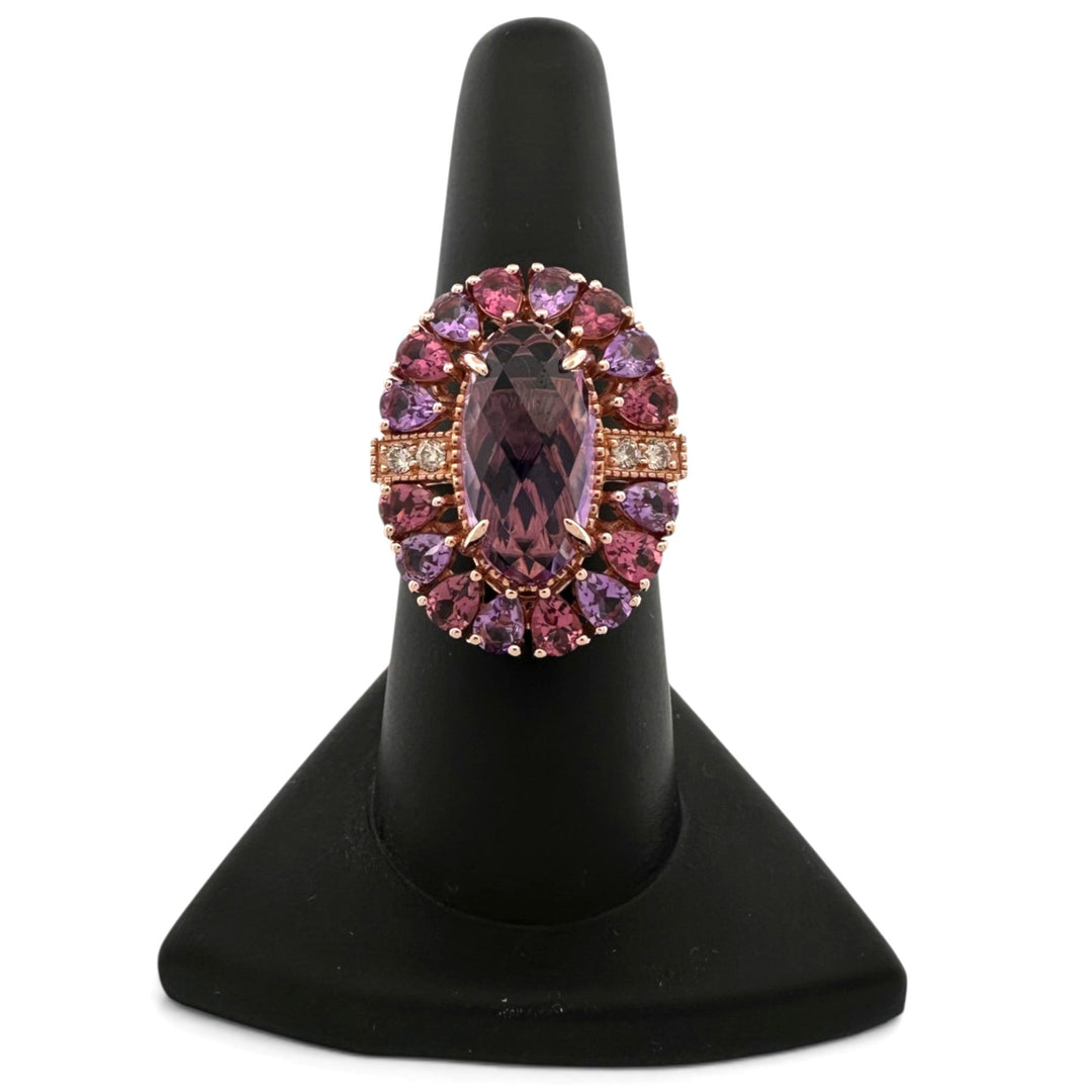 Grape Amethyst & Passion Fruit Tourmaline Halo with Chocolate and Nude Diamonds Cocktail Ring in 14k Rose Gold by Le Vian
