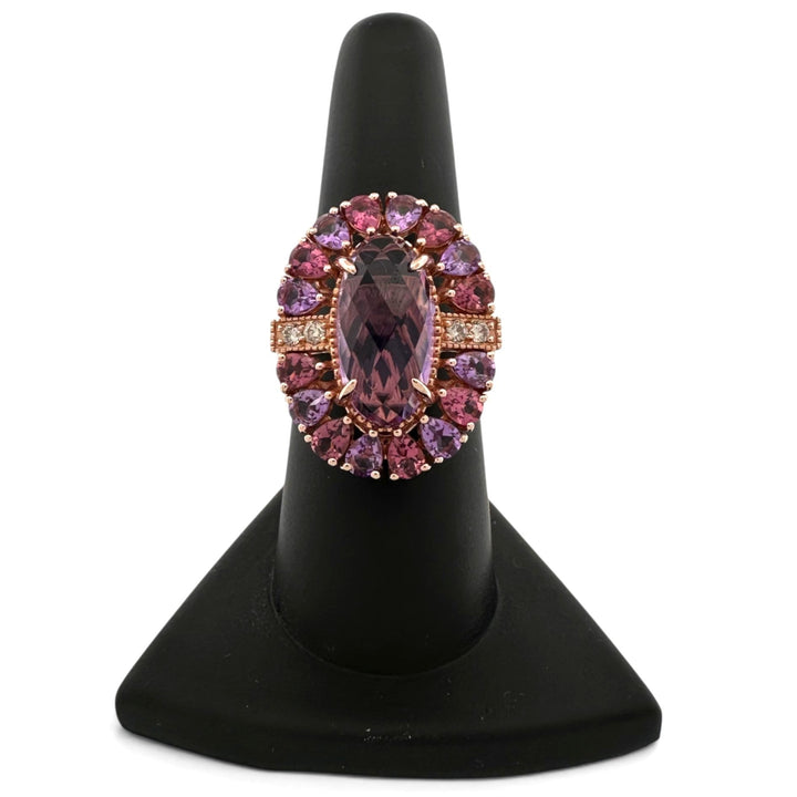 Grape Amethyst & Passion Fruit Tourmaline Halo with Chocolate and Nude Diamonds Cocktail Ring in 14k Rose Gold by Le Vian