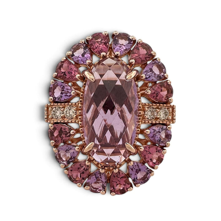 Grape Amethyst & Passion Fruit Tourmaline Halo with Chocolate and Nude Diamonds Cocktail Ring in 14k Rose Gold by Le Vian