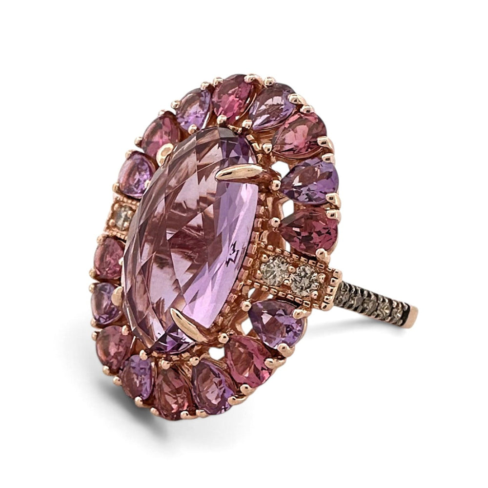 Grape Amethyst & Passion Fruit Tourmaline Halo with Chocolate and Nude Diamonds Cocktail Ring in 14k Rose Gold by Le Vian