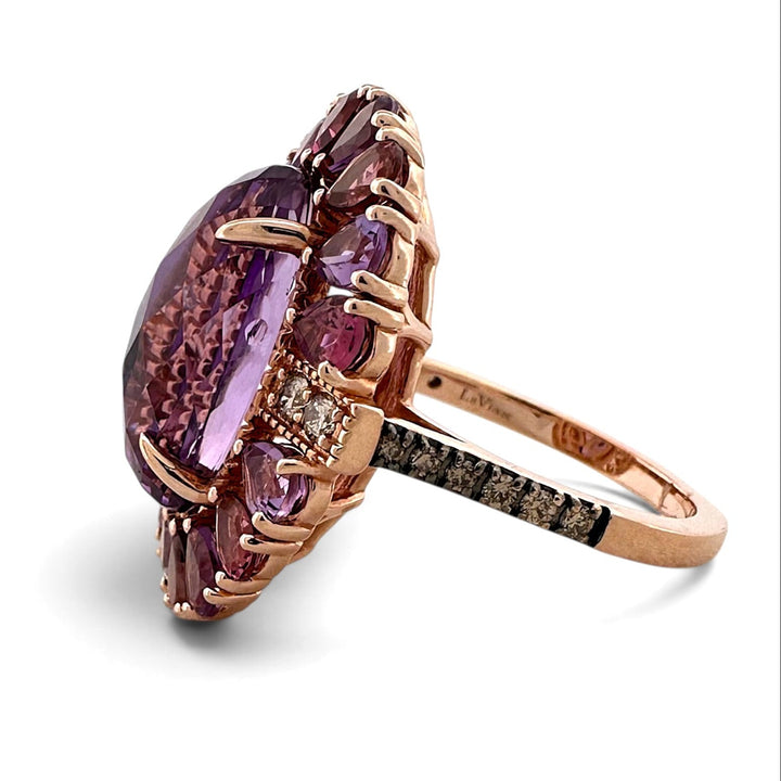 Grape Amethyst & Passion Fruit Tourmaline Halo with Chocolate and Nude Diamonds Cocktail Ring in 14k Rose Gold by Le Vian