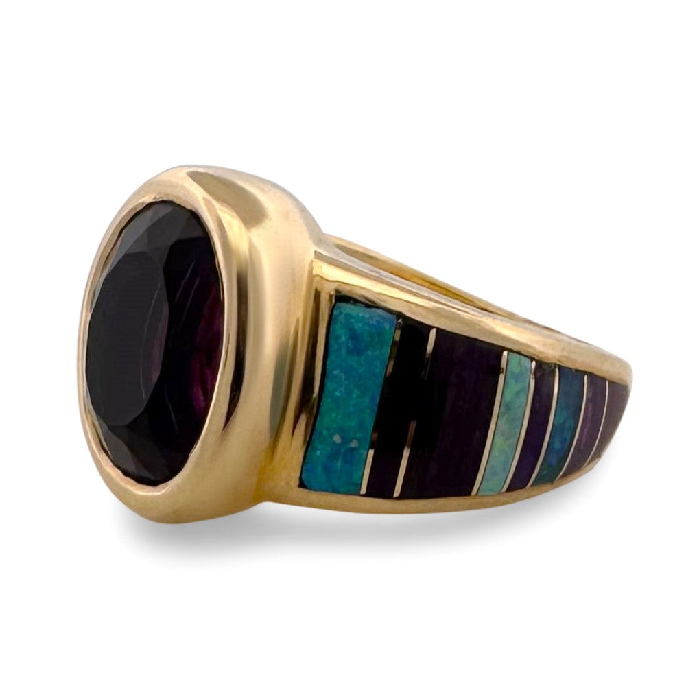 Oval Amethyst with Opal and Sugilite Inlay Cocktail Ring in 14k Yellow Gold