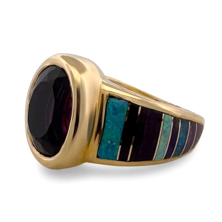 Oval Amethyst with Opal and Sugilite Inlay Cocktail Ring in 14k Yellow Gold