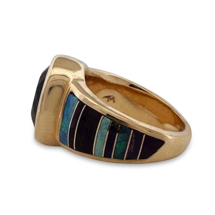 Oval Amethyst with Opal and Sugilite Inlay Cocktail Ring in 14k Yellow Gold