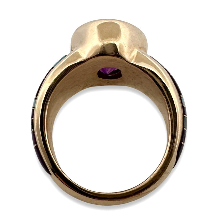 Oval Amethyst with Opal and Sugilite Inlay Cocktail Ring in 14k Yellow Gold