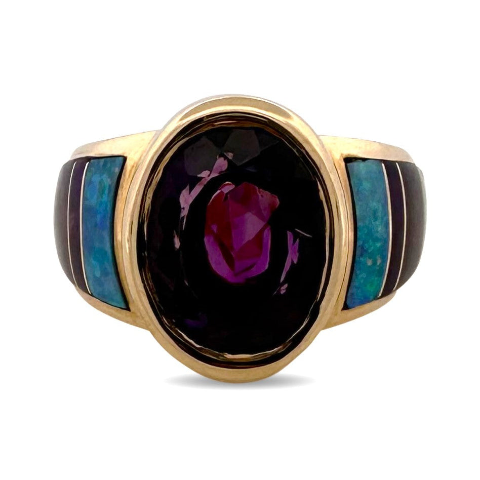Oval Amethyst with Opal and Sugilite Inlay Cocktail Ring in 14k Yellow Gold