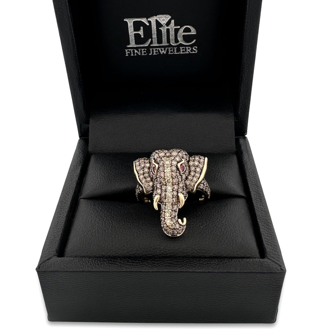 2ctw Chocolate & Nude Diamonds With Ruby Eyes Elephant Cocktail Ring in 14k Yellow Gold by Le Vian