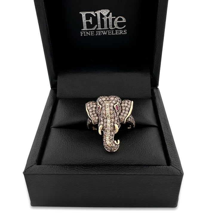 2ctw Chocolate & Nude Diamonds With Ruby Eyes Elephant Cocktail Ring in 14k Yellow Gold by Le Vian
