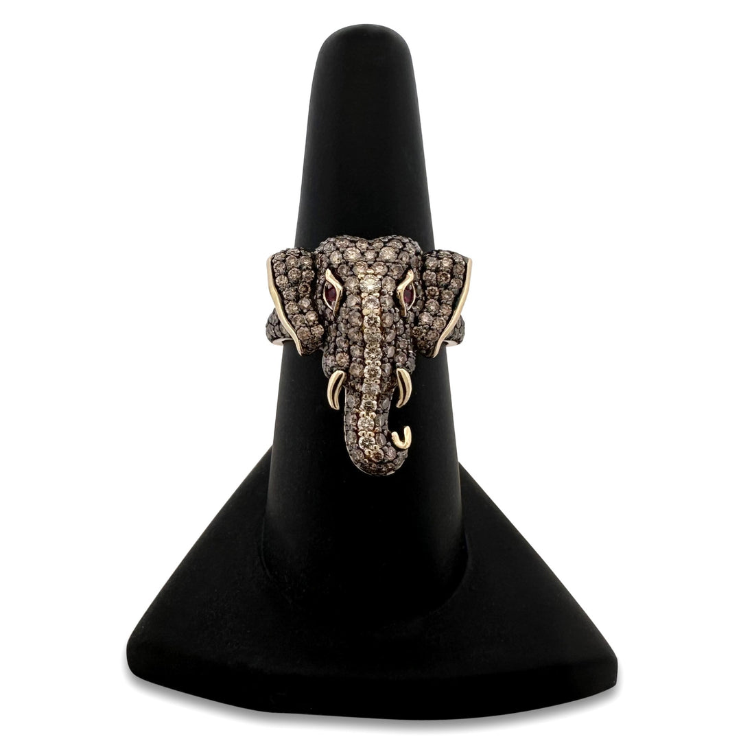 2ctw Chocolate & Nude Diamonds With Ruby Eyes Elephant Cocktail Ring in 14k Yellow Gold by Le Vian