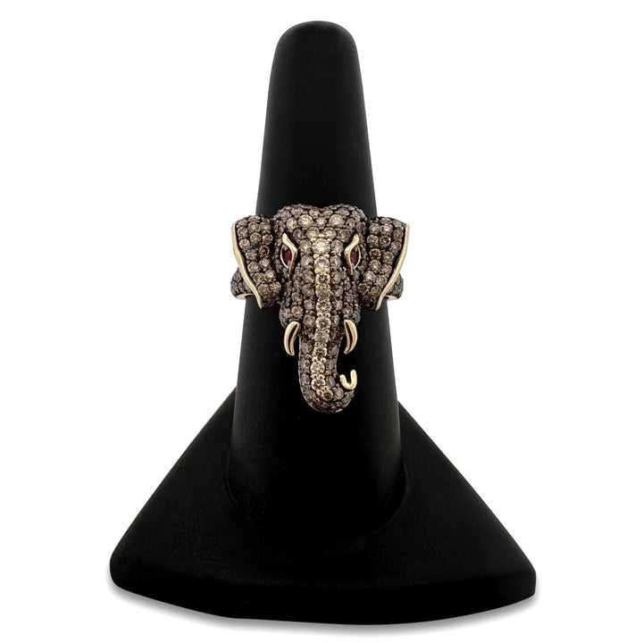 2ctw Chocolate & Nude Diamonds With Ruby Eyes Elephant Cocktail Ring in 14k Yellow Gold by Le Vian