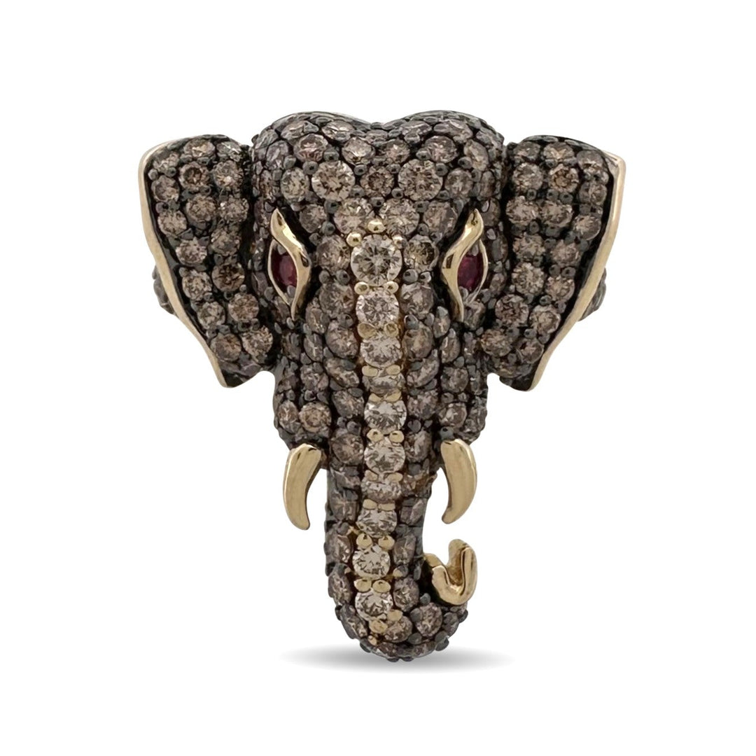 2ctw Chocolate & Nude Diamonds With Ruby Eyes Elephant Cocktail Ring in 14k Yellow Gold by Le Vian