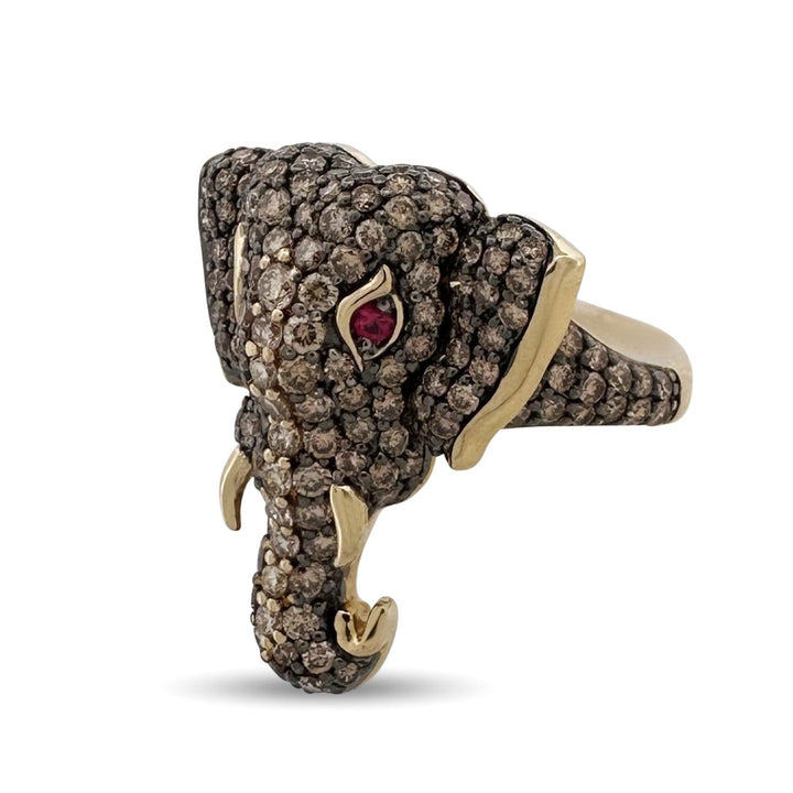2ctw Chocolate & Nude Diamonds With Ruby Eyes Elephant Cocktail Ring in 14k Yellow Gold by Le Vian