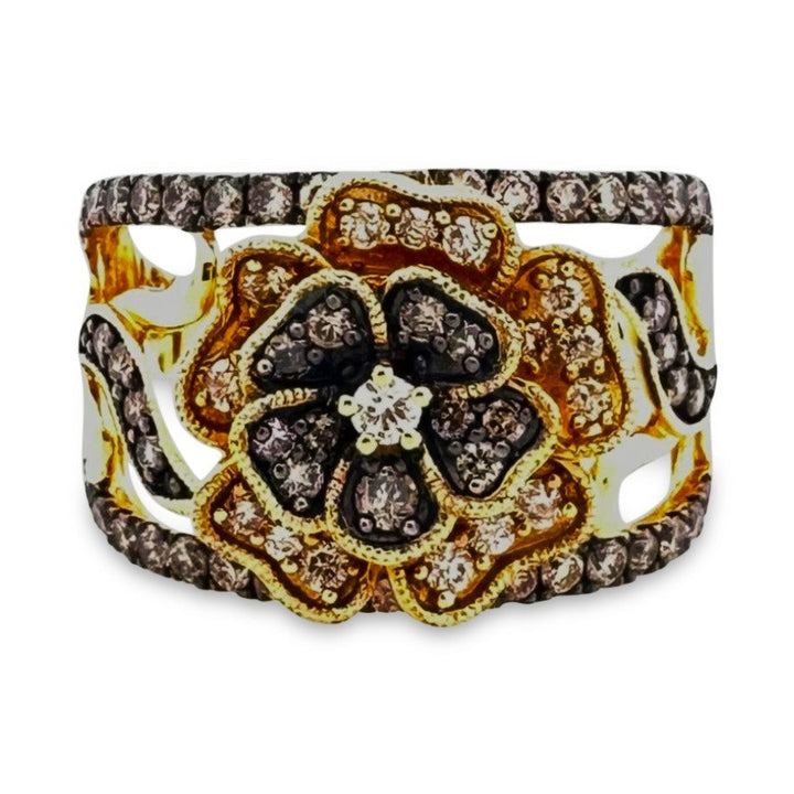 0.63ctw Chocolate & Nude Round Brilliant Natural Diamond Flower Cocktail Ring in 14k Yellow Gold by Le Vian