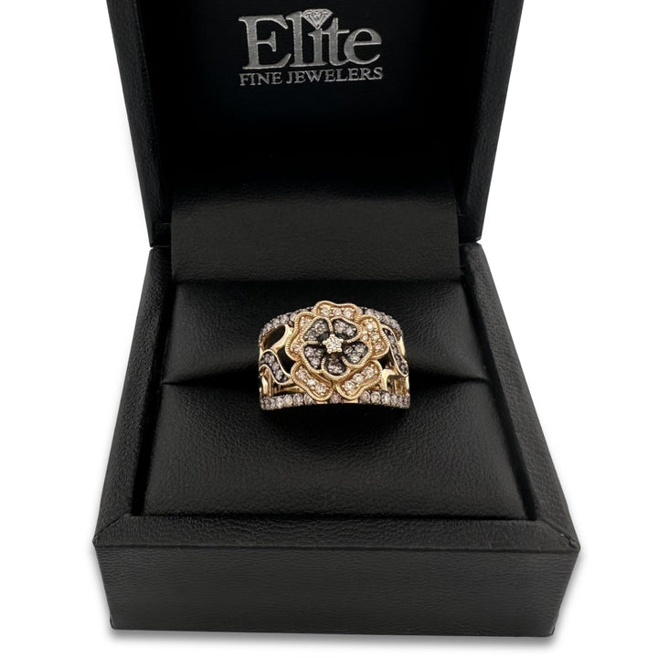 0.63ctw Chocolate & Nude Round Brilliant Natural Diamond Flower Cocktail Ring in 14k Yellow Gold by Le Vian