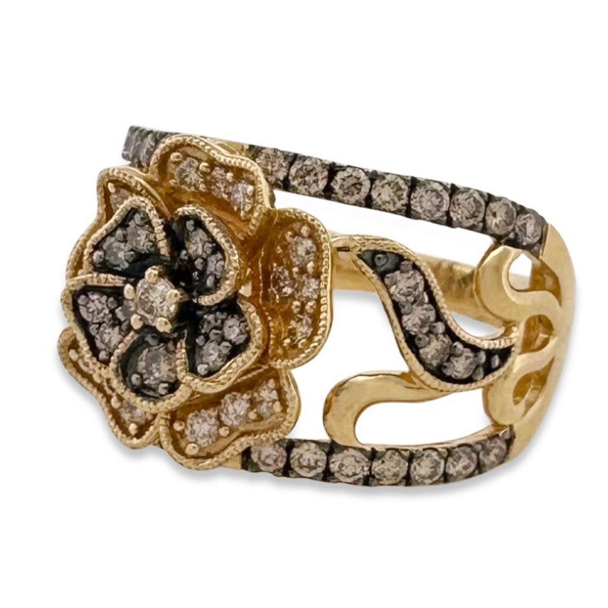 0.63ctw Chocolate & Nude Round Brilliant Natural Diamond Flower Cocktail Ring in 14k Yellow Gold by Le Vian