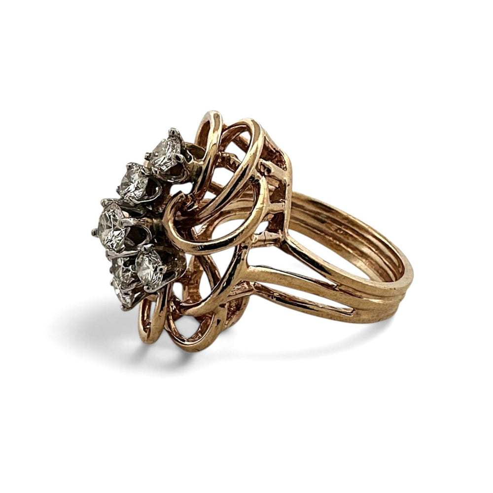 Vintage 1ctw Round Brilliant Natural Diamond Cluster Swirl Cocktail Ring in 14k Yellow Gold