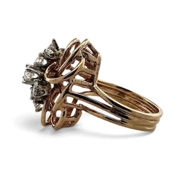Vintage 1ctw Round Brilliant Natural Diamond Cluster Swirl Cocktail Ring in 14k Yellow Gold