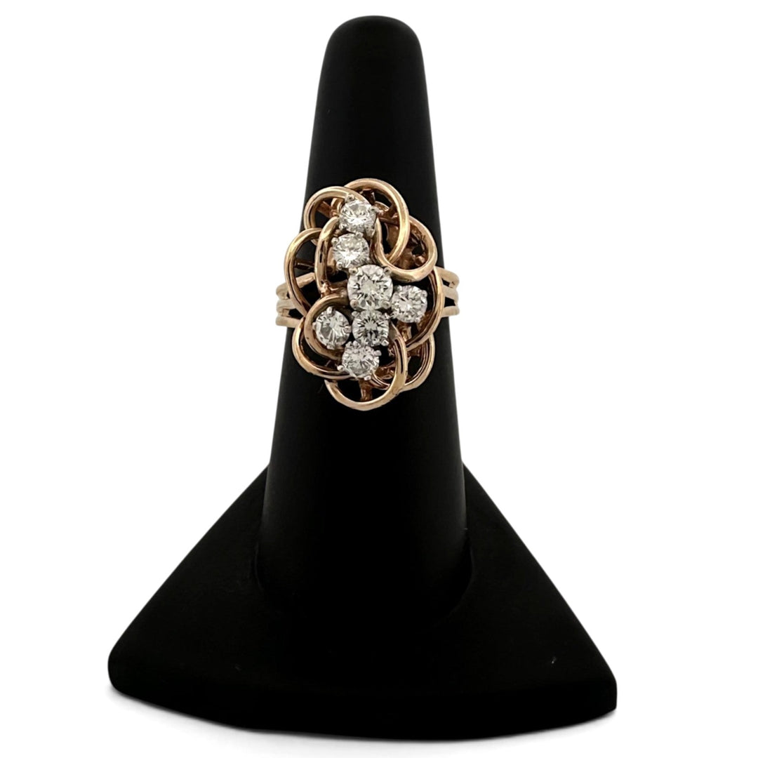 Vintage 1ctw Round Brilliant Natural Diamond Cluster Swirl Cocktail Ring in 14k Yellow Gold