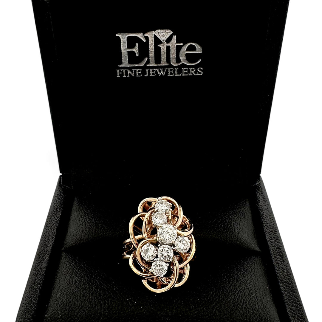 Vintage 1ctw Round Brilliant Natural Diamond Cluster Swirl Cocktail Ring in 14k Yellow Gold