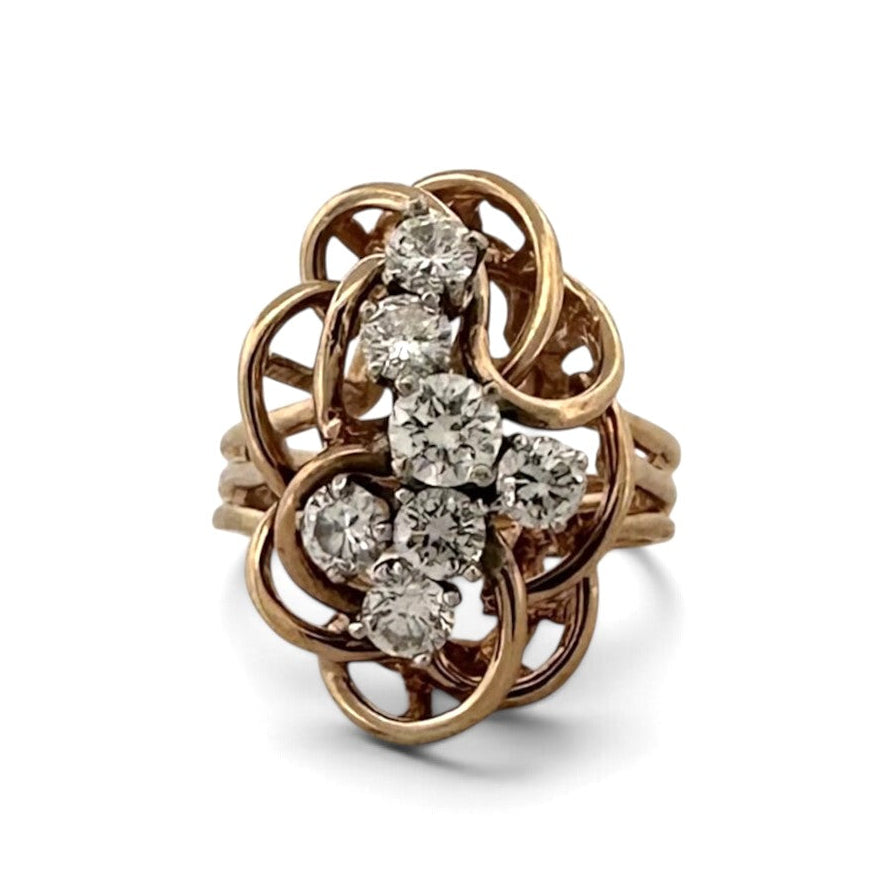 Vintage 1ctw Round Brilliant Natural Diamond Cluster Swirl Cocktail Ring in 14k Yellow Gold