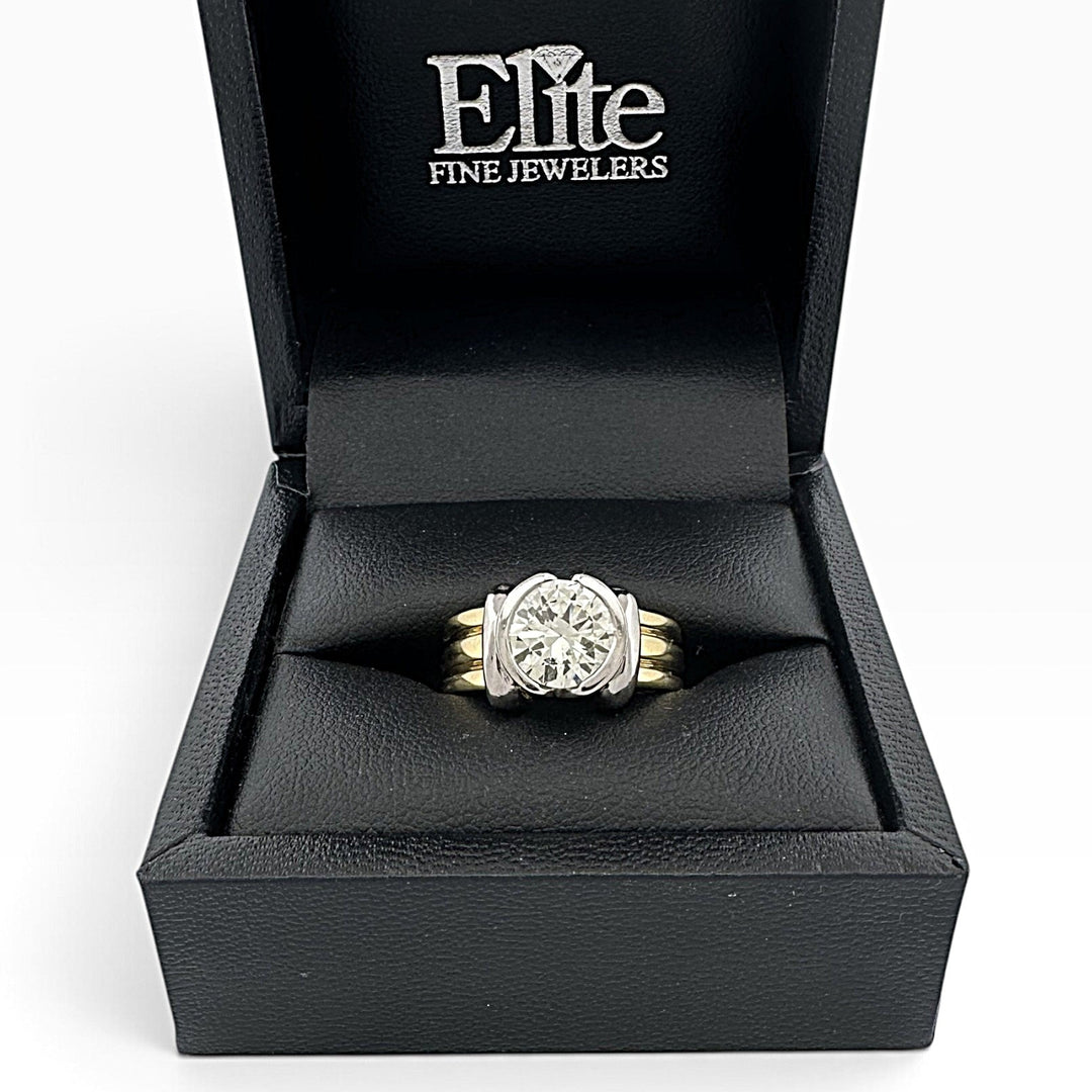 2.25ct Round Brilliant Natural Diamond Bezel-Set Solitaire Engagement Ring in 18k Yellow Gold And Platinum