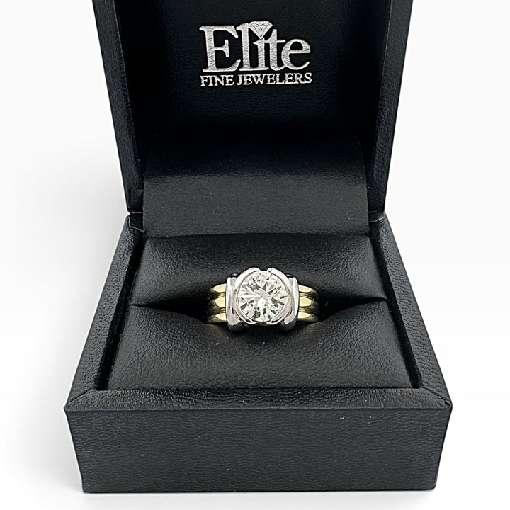 2.25ct Round Brilliant Natural Diamond Bezel-Set Solitaire Engagement Ring in 18k Yellow Gold And Platinum