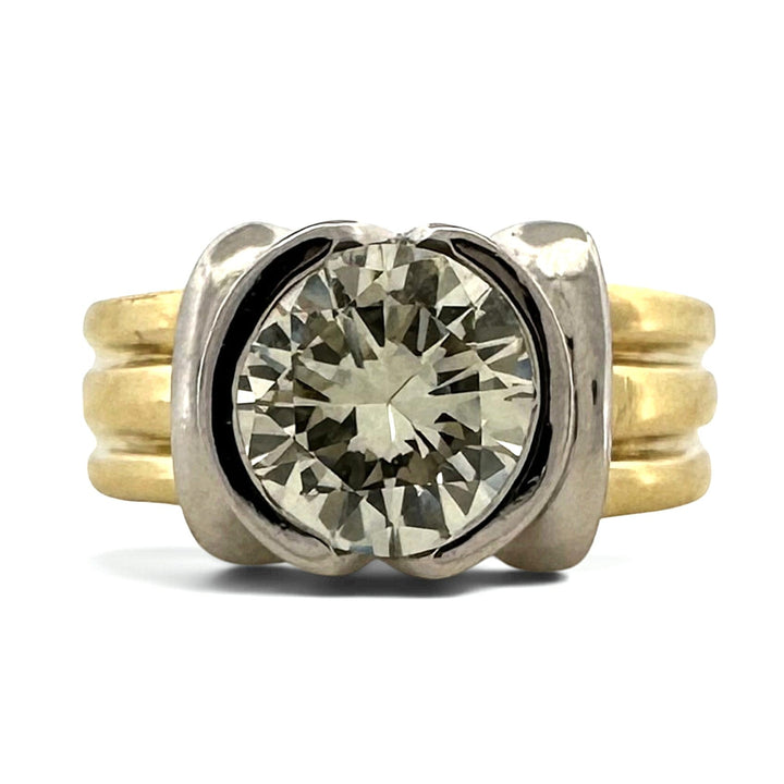 2.25ct Round Brilliant Natural Diamond Bezel-Set Solitaire Engagement Ring in 18k Yellow Gold And Platinum