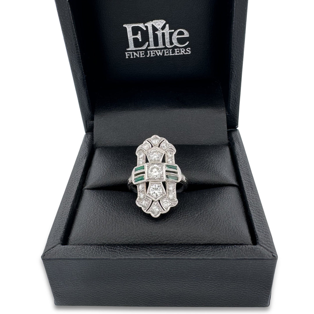 Art Deco 1ctw Old European Cut Natural Diamond & Synthetic Emerald Dinner Ring in Platinum