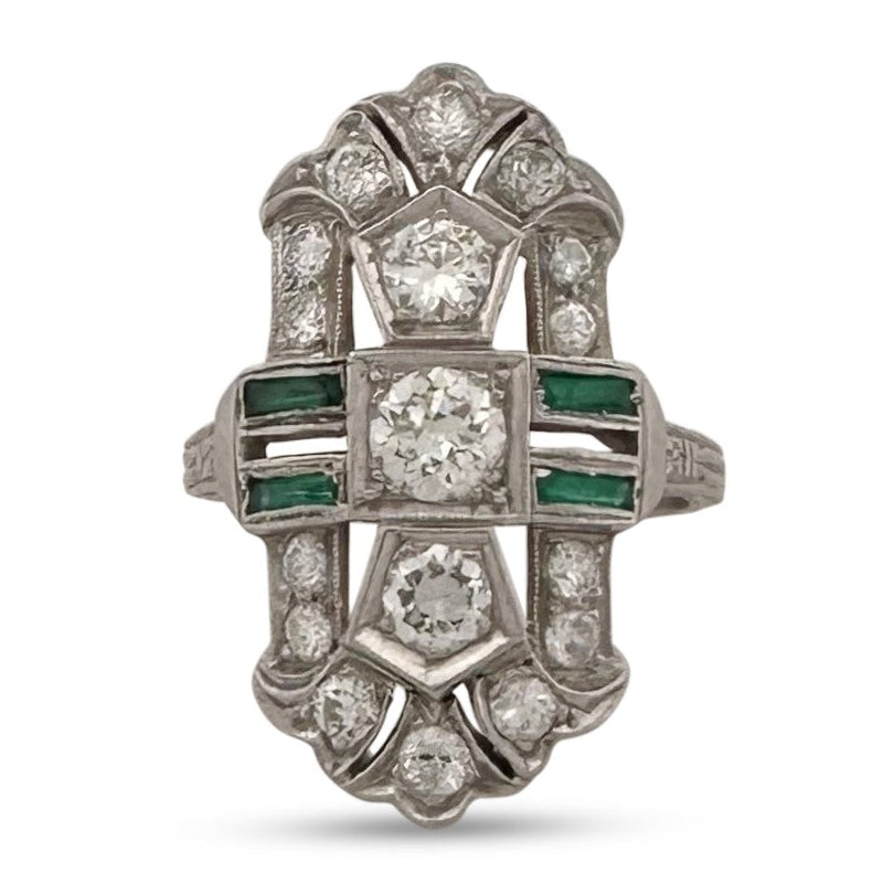 Art Deco 1ctw Old European Cut Natural Diamond & Synthetic Emerald Dinner Ring in Platinum