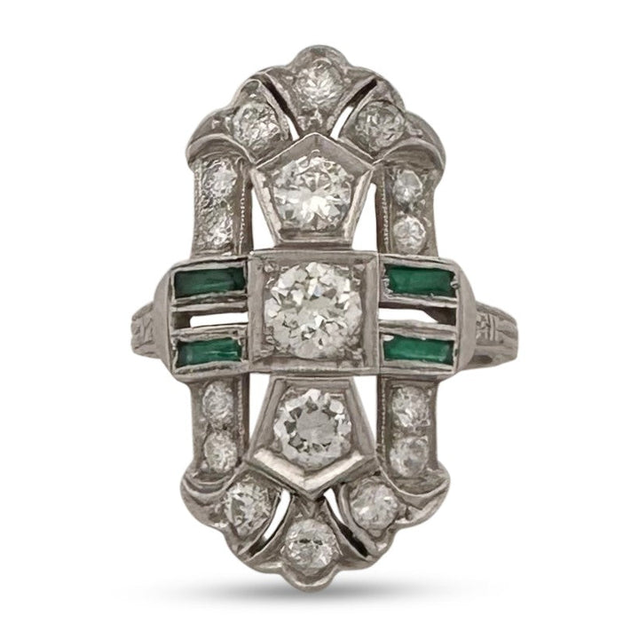 Art Deco 1ctw Old European Cut Natural Diamond & Synthetic Emerald Dinner Ring in Platinum