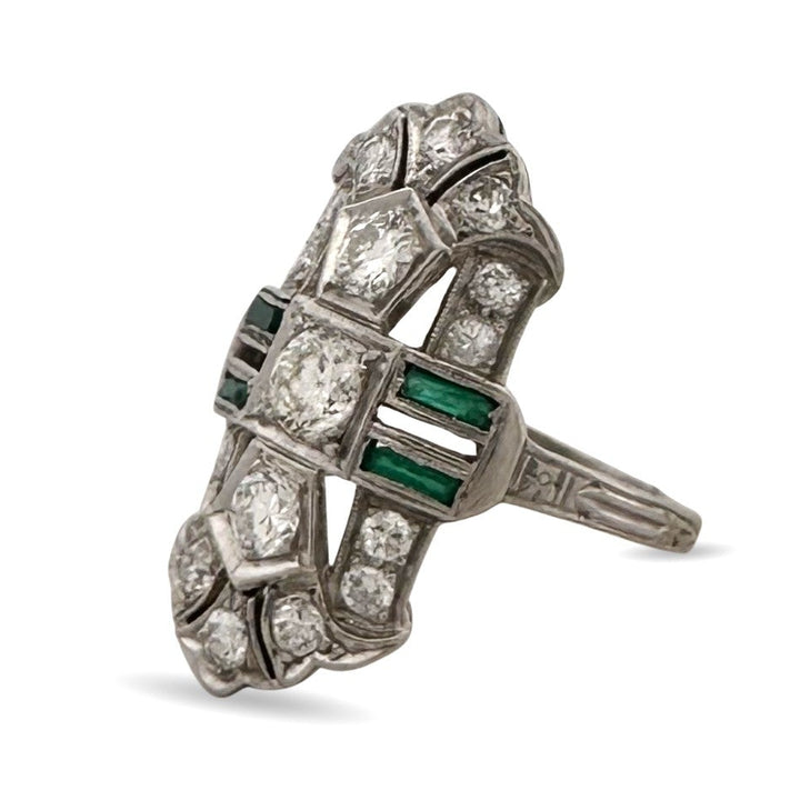 Art Deco 1ctw Old European Cut Natural Diamond & Synthetic Emerald Dinner Ring in Platinum